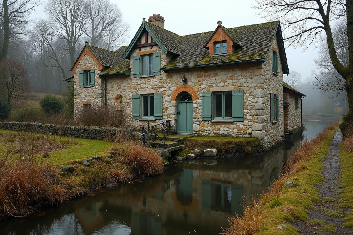 Moulin en pierre atypique converti en maison résidentielle au bord d'un cours d'eau, bien à fort caractère à vendre