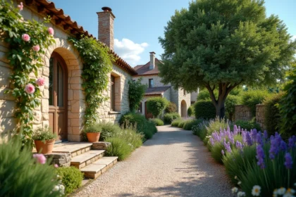 Petite maison en pierre avec jardin fleuri à louer dans un village du Gers, façade en calcaire et portail bois