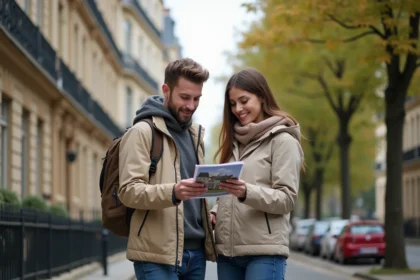Couple de primo-accédants examinant une brochure immobilière dans une rue résidentielle de Nogent-sur-Marne