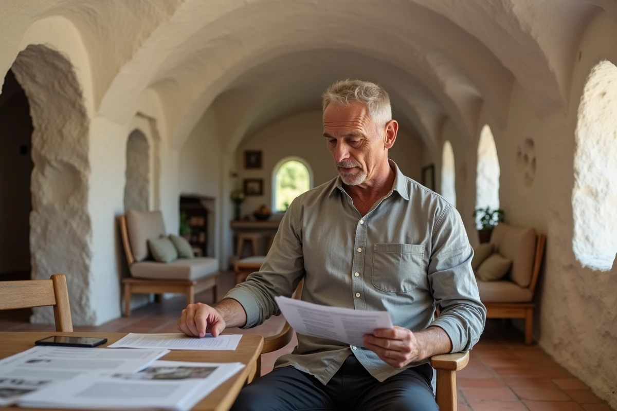 Propriétaire d'une habitation troglodyte atypique en pierre taillée consultant des documents immobiliers pour une vente