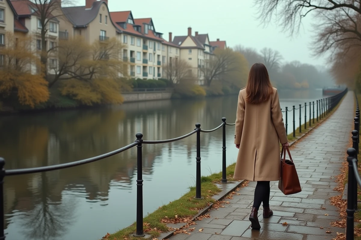 Jeune femme se promenant sur les quais de la Marne dans un quartier résidentiel prisé de Nogent-sur-Marne