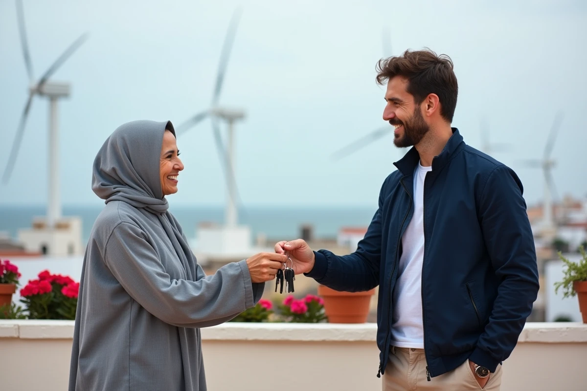 Propriétaire marocaine remettant les clés d'un logement à un locataire sur une terrasse avec vue sur Essaouira