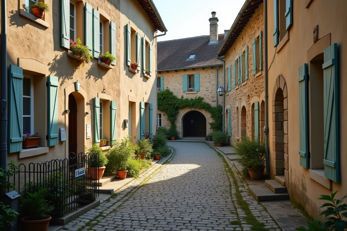 Rue pavée d'un village gersois avec maison à louer particulier, volet bois et jardin clos derrière portail en fer forgé
