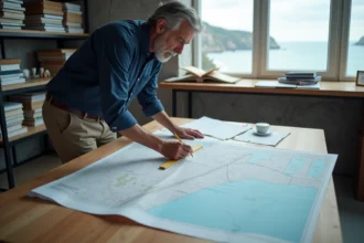 Urbaniste mesurant la distance minimale loi littoral sur un plan cadastral dans un bureau municipal