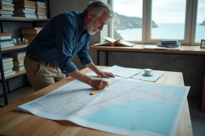 Urbaniste mesurant la distance minimale loi littoral sur un plan cadastral dans un bureau municipal
