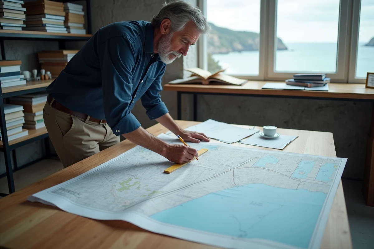 Urbaniste mesurant la distance minimale loi littoral sur un plan cadastral dans un bureau municipal