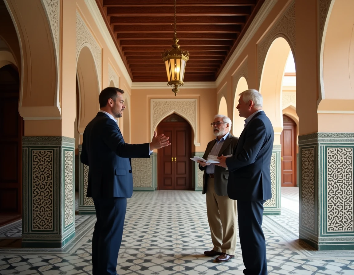 Agent immobilier présentant les détails architecturaux d'un salon de riad traditionnel à un couple de futurs acheteurs retraités