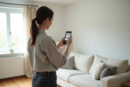 Femme utilisant son smartphone pour créer une visite virtuelle 360 dans un salon moderne et lumineux