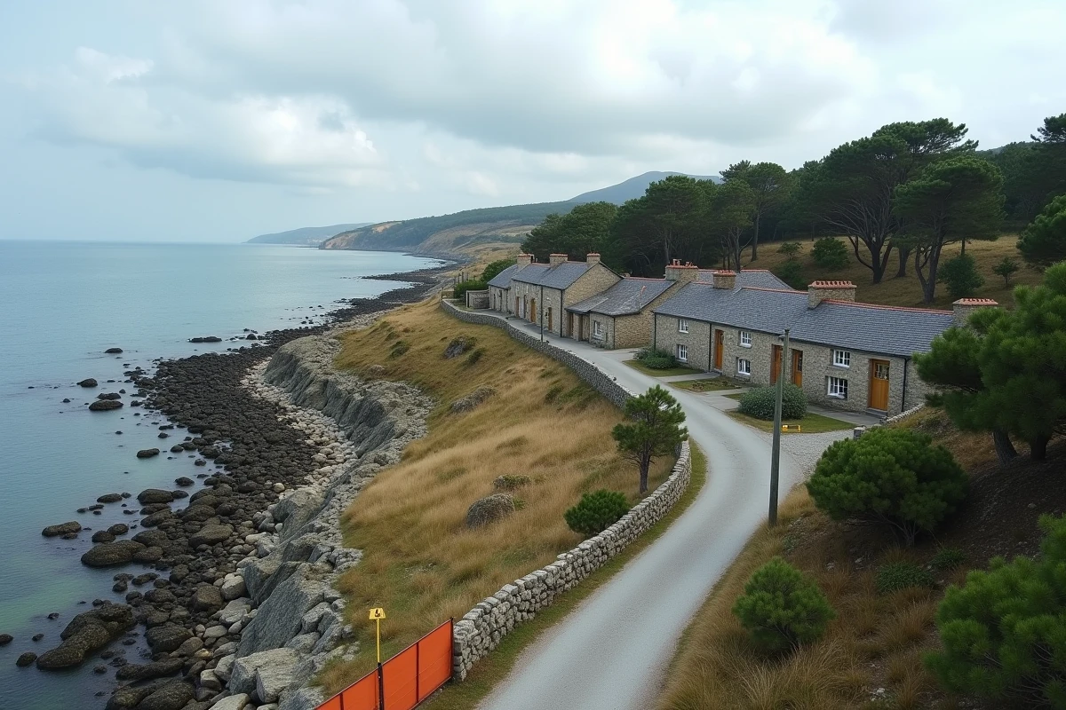 Vue aérienne d'un hameau côtier en loi littoral montrant la distance entre constructions et rivage en France