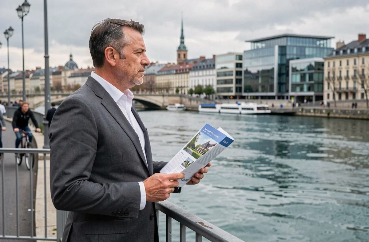 Homme d'affaires tenant une brochure immobilière sur les bords du Rhône à Lyon, réflexion sur un projet d'achat immobilier