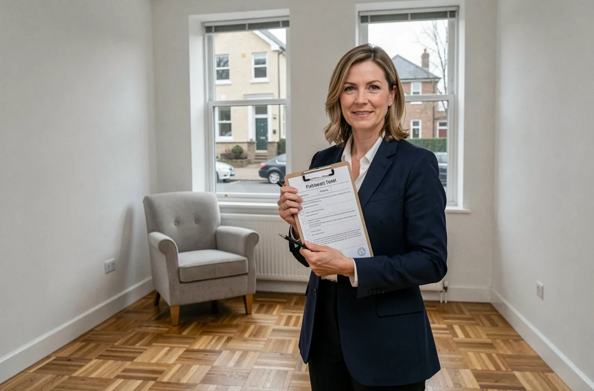 Agent immobilière avec check-list dans un appartement vide en vente rapide après une séparation conjugale