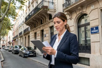 Agent immobilière devant un immeuble lyonnais à vendre, consultant une tablette avec des documents de transaction immobilière