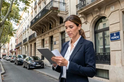 Agent immobilière devant un immeuble lyonnais à vendre, consultant une tablette avec des documents de transaction immobilière