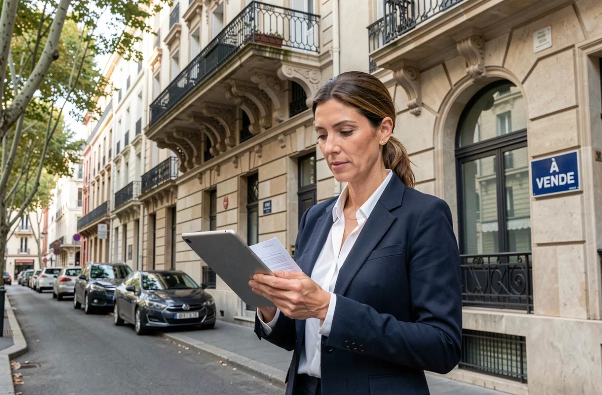 Agent immobilière devant un immeuble lyonnais à vendre, consultant une tablette avec des documents de transaction immobilière