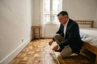Agent immobilier mesurant la superficie d'une petite chambre avec un mètre ruban dans un appartement parisien