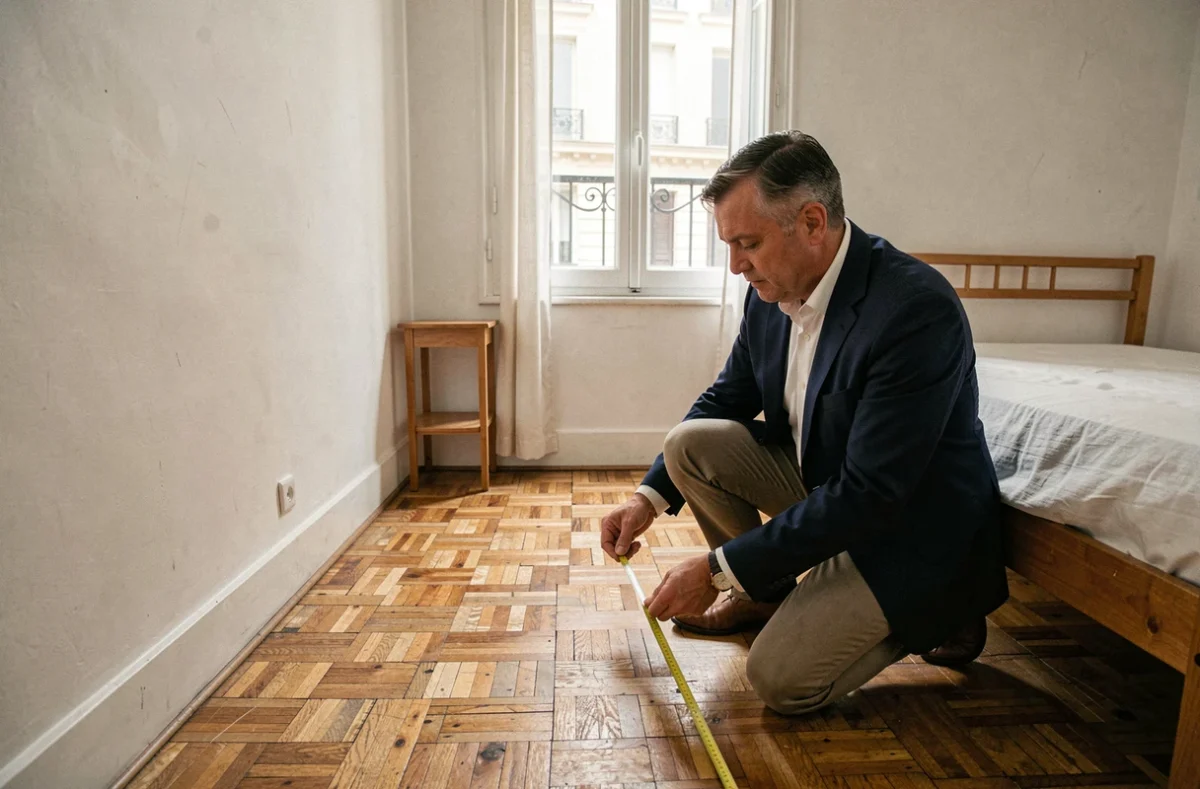 Agent immobilier mesurant la superficie d'une petite chambre avec un mètre ruban dans un appartement parisien