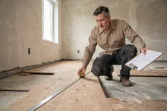 Artisan mesurant la superficie d'une pièce en rénovation avec un mètre ruban pour établir un devis travaux précis