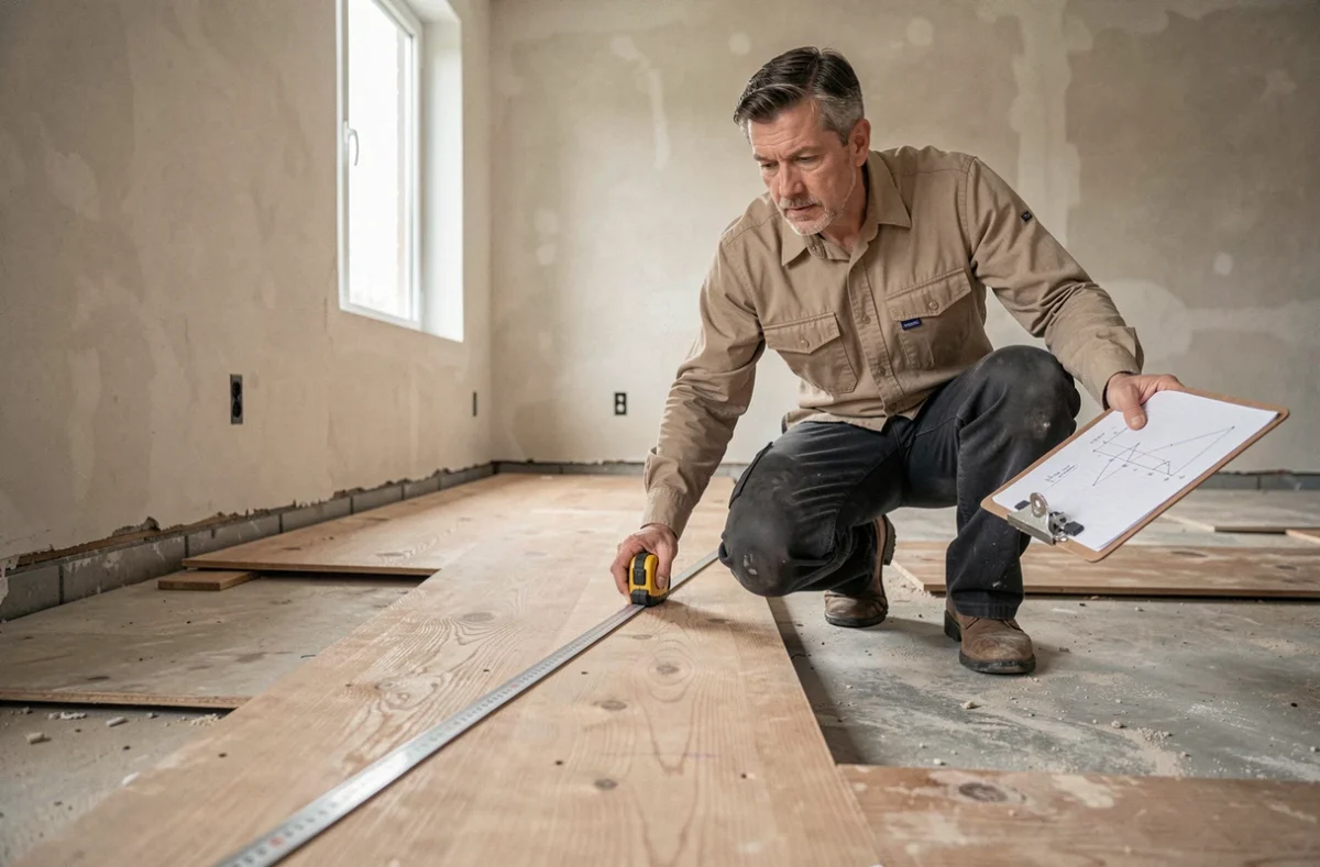 Artisan mesurant la superficie d'une pièce en rénovation avec un mètre ruban pour établir un devis travaux précis