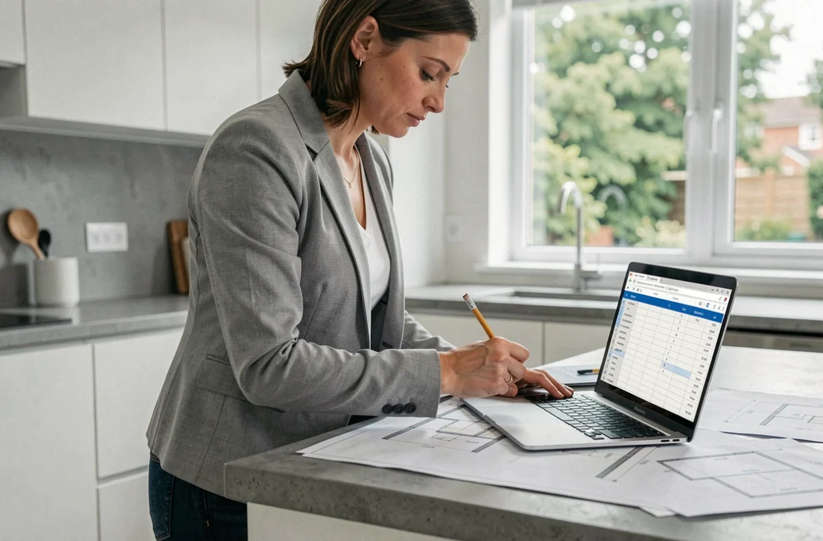 Femme calculant des mètres carrés sur des plans architecturaux pour préparer un devis de travaux de rénovation
