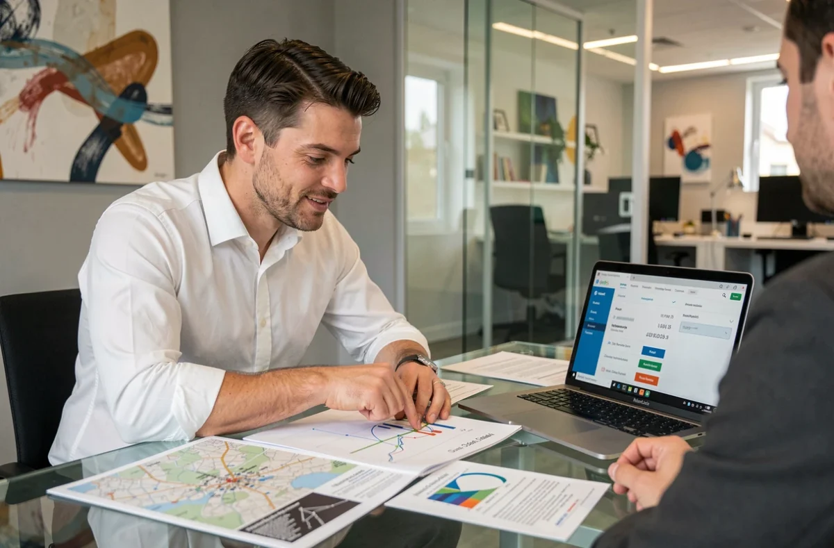 Conseiller immobilier présentant le calcul du plafond de loyer Pinel à un client