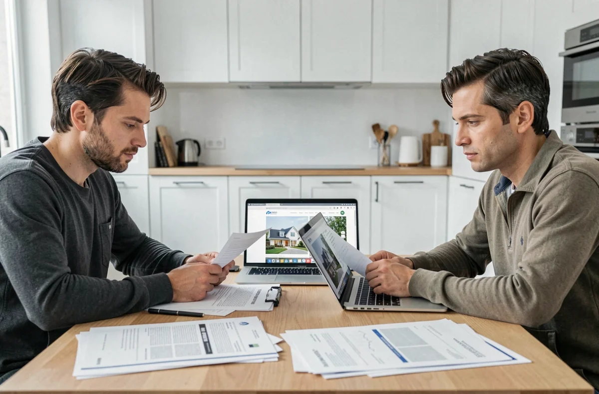 Couple en cours de séparation examinant les documents de vente immobilière urgente autour d'une table de cuisine