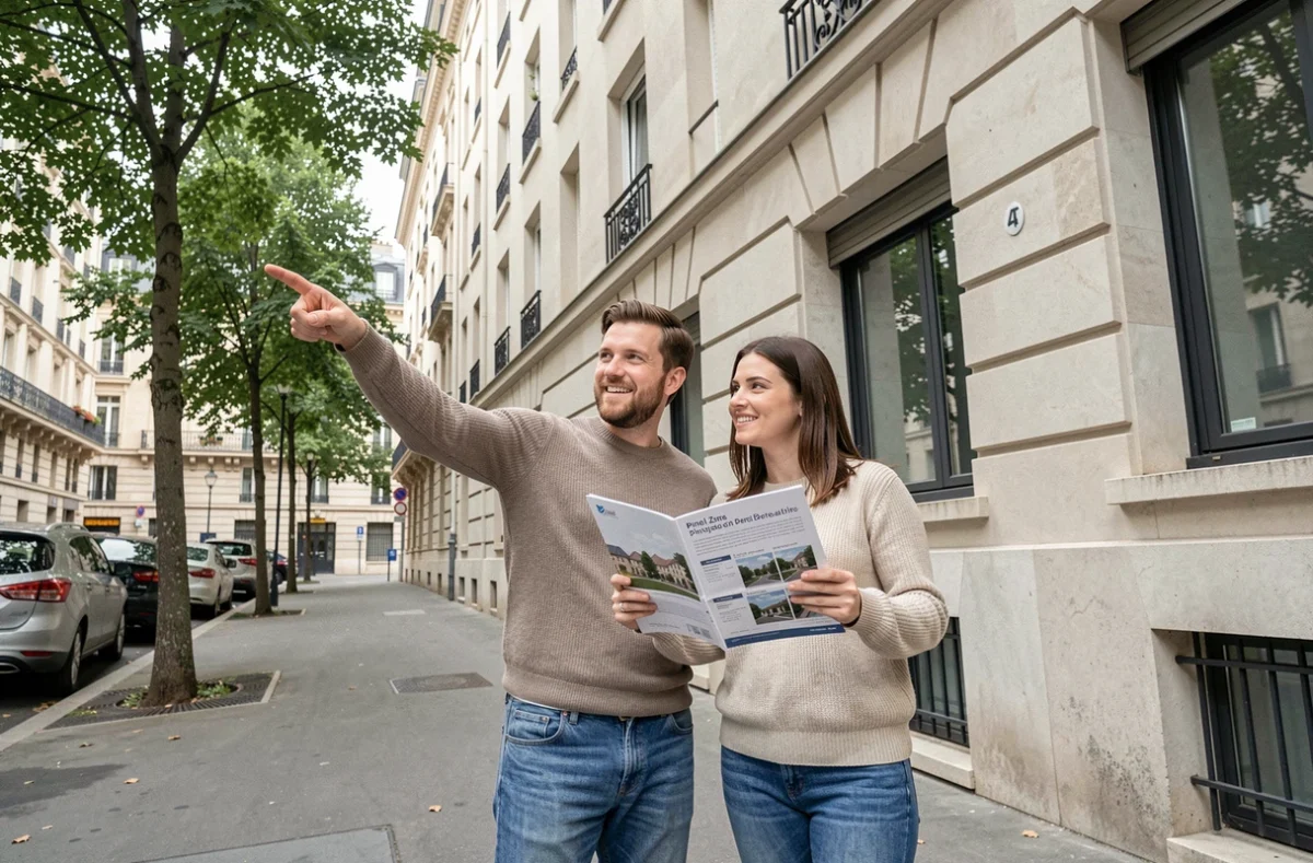 Couple devant un immeuble locatif en zone A éligible au dispositif Pinel
