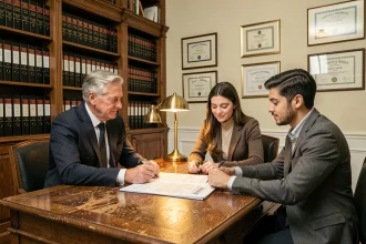 Couple consultant un notaire pour l'achat immobilier avec simulation des frais de notaire