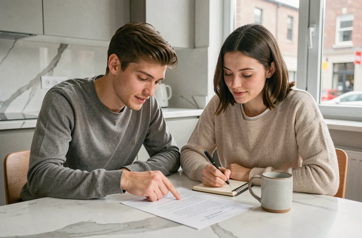 Couple préparant ensemble une lettre de motivation pour leur dossier de location d'appartement