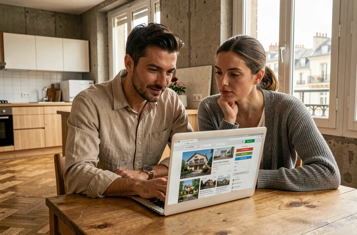 Couple recherchant un bien immobilier à Lyon sur un site internet depuis leur appartement, projet d'achat immobilier en 2026