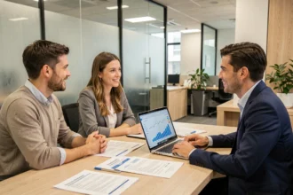 Jeune couple en rendez-vous avec un conseiller bancaire pour un premier achat immobilier avec la CASDEN