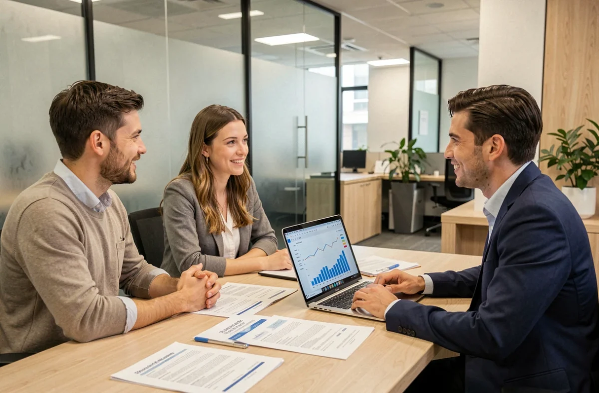 Jeune couple en rendez-vous avec un conseiller bancaire pour un premier achat immobilier avec la CASDEN