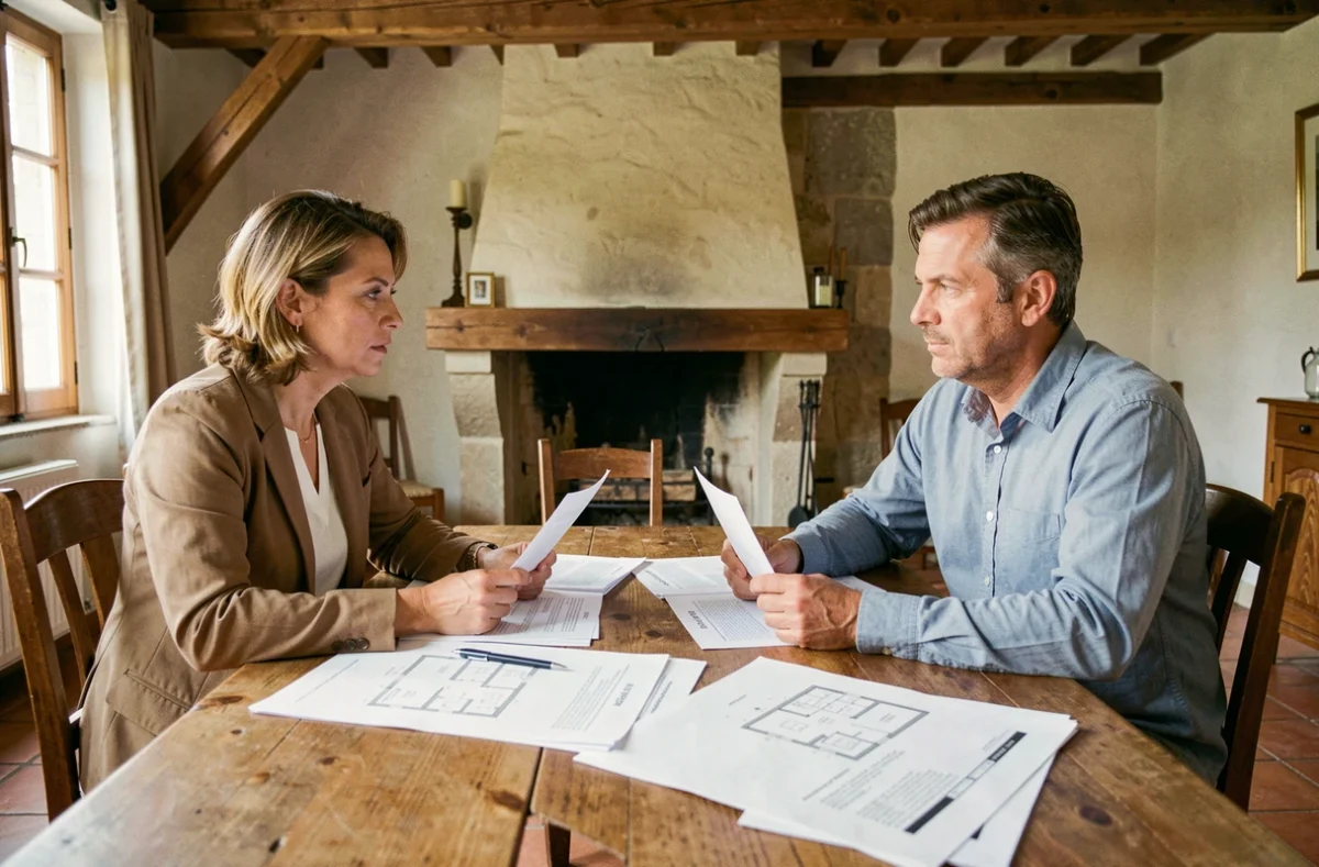 Frère et sœur discutant des documents de succession immobilière autour d'une table