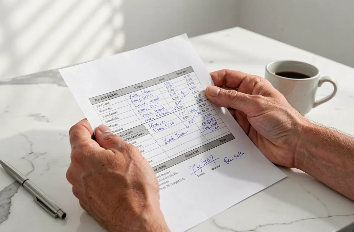 Détail d'un document de simulation des frais de notaire annoté à la main pour un achat immobilier