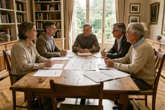 Famille réunie autour d'une table pour discuter de la vente d'une maison sous tutelle avec des documents notariaux