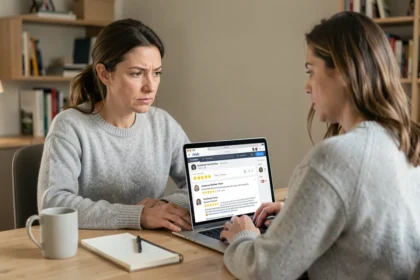 Femme évaluant des avis clients sur un service en ligne depuis son bureau à domicile