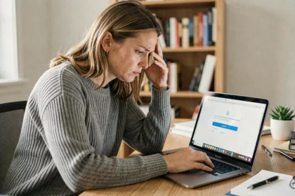 Femme frustrée devant un écran d'ordinateur affichant une erreur de connexion à son compte en ligne