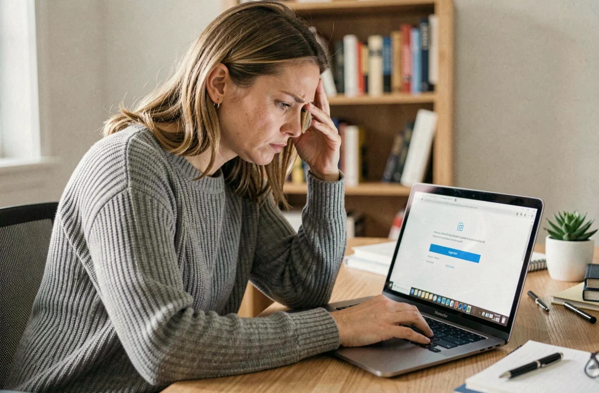 Femme frustrée devant un écran d'ordinateur affichant une erreur de connexion à son compte en ligne