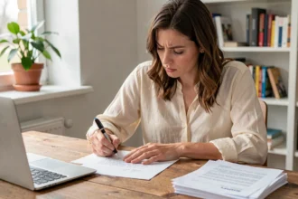 Femme rédigeant une lettre de motivation pour un logement à son bureau à domicile