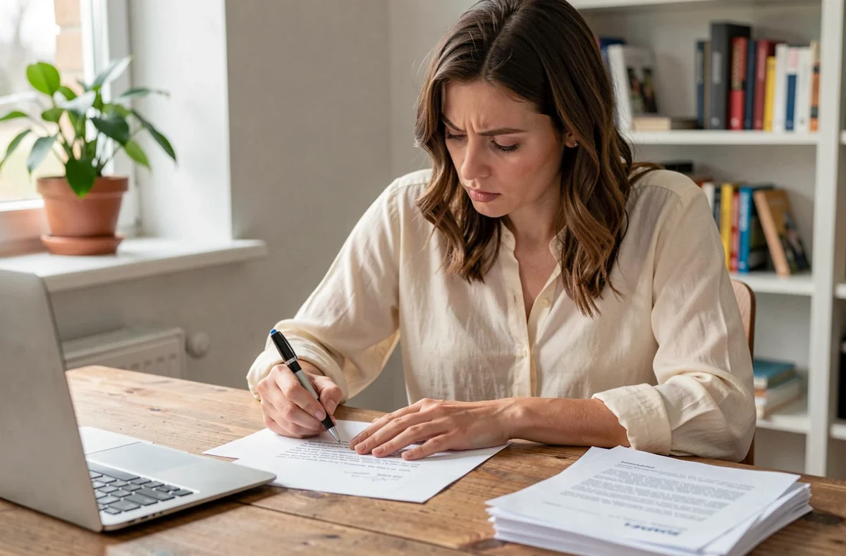 Femme rédigeant une lettre de motivation pour un logement à son bureau à domicile