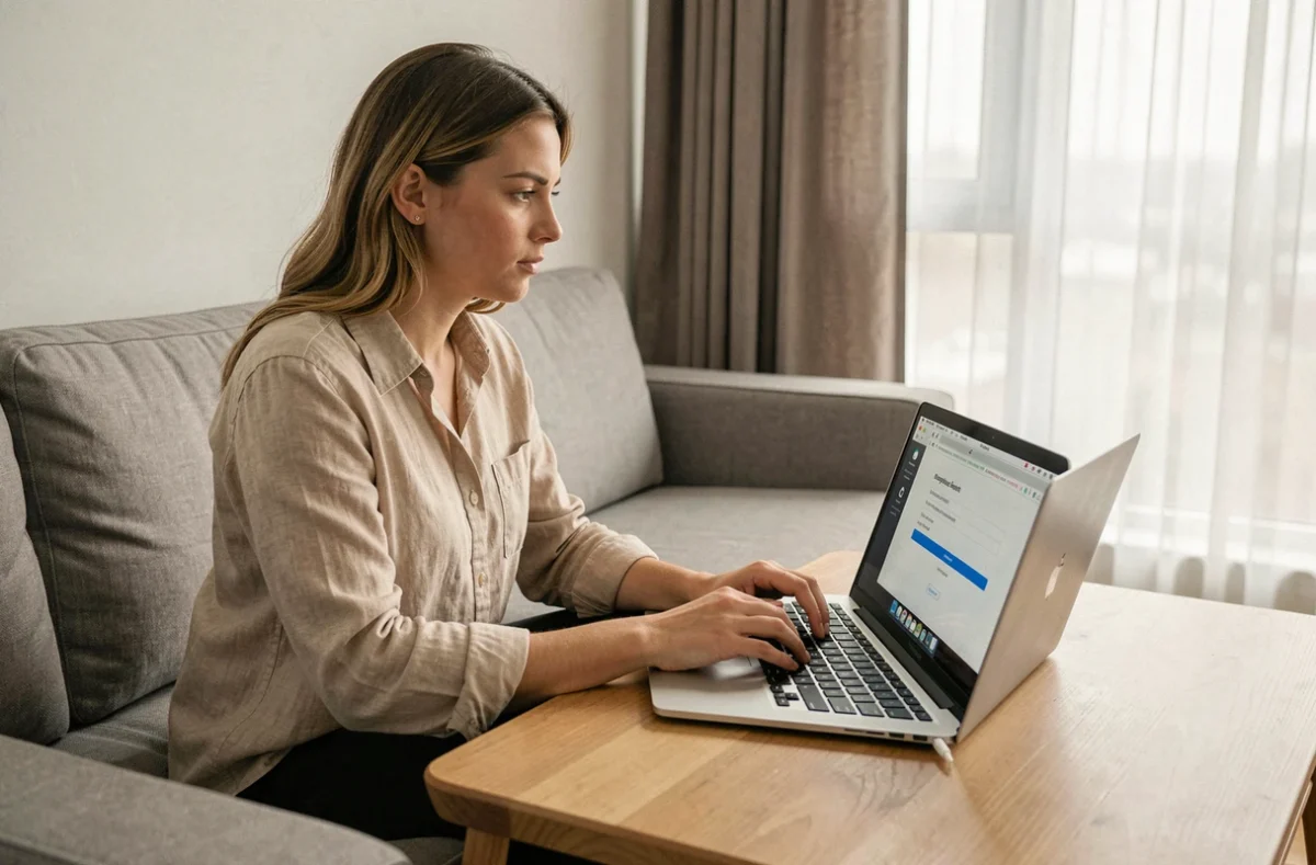 Jeune femme réinitialisant son mot de passe sur un ordinateur portable pour résoudre un problème de connexion à son compte