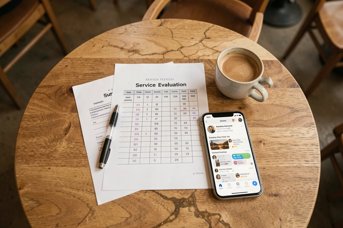 Vue aérienne d'une table avec documents d'évaluation de service et smartphone affichant des avis