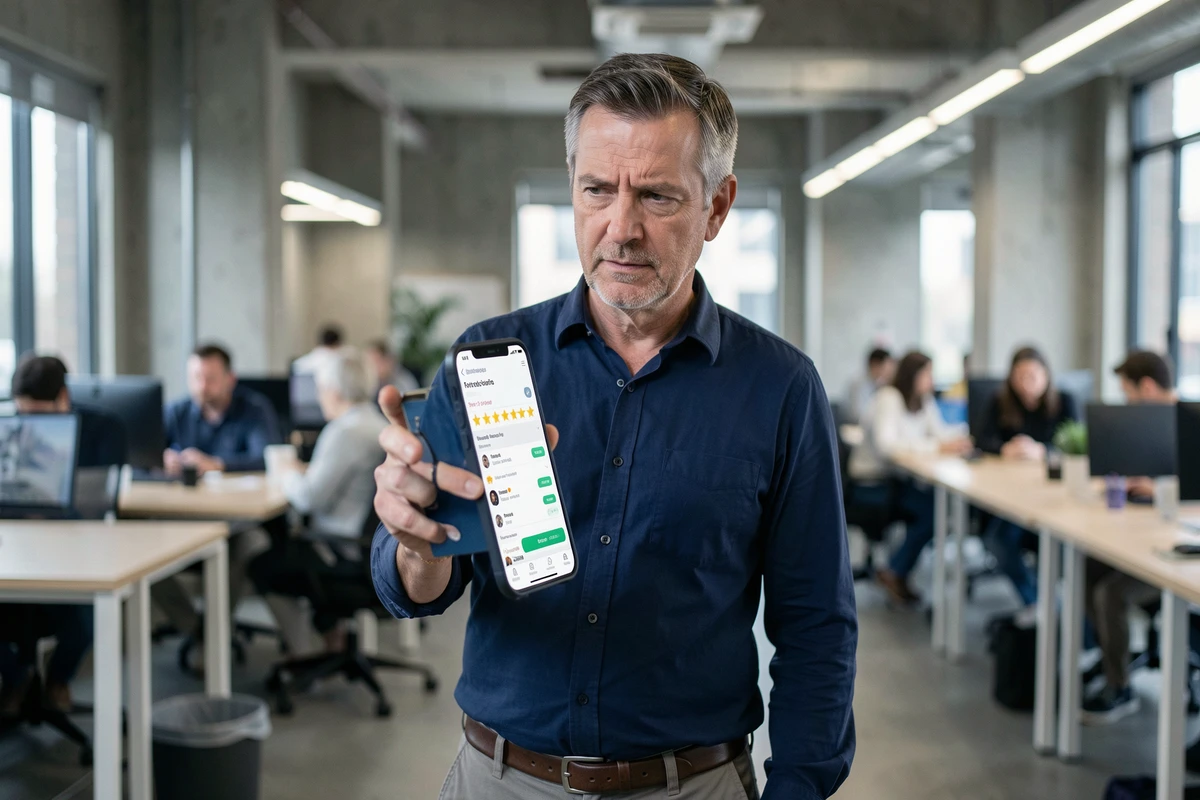 Homme professionnel consultant des avis en ligne sur son smartphone dans un espace de coworking