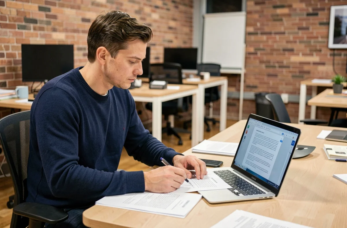 Homme en espace de coworking consultant sa lettre de motivation pour trouver un appartement