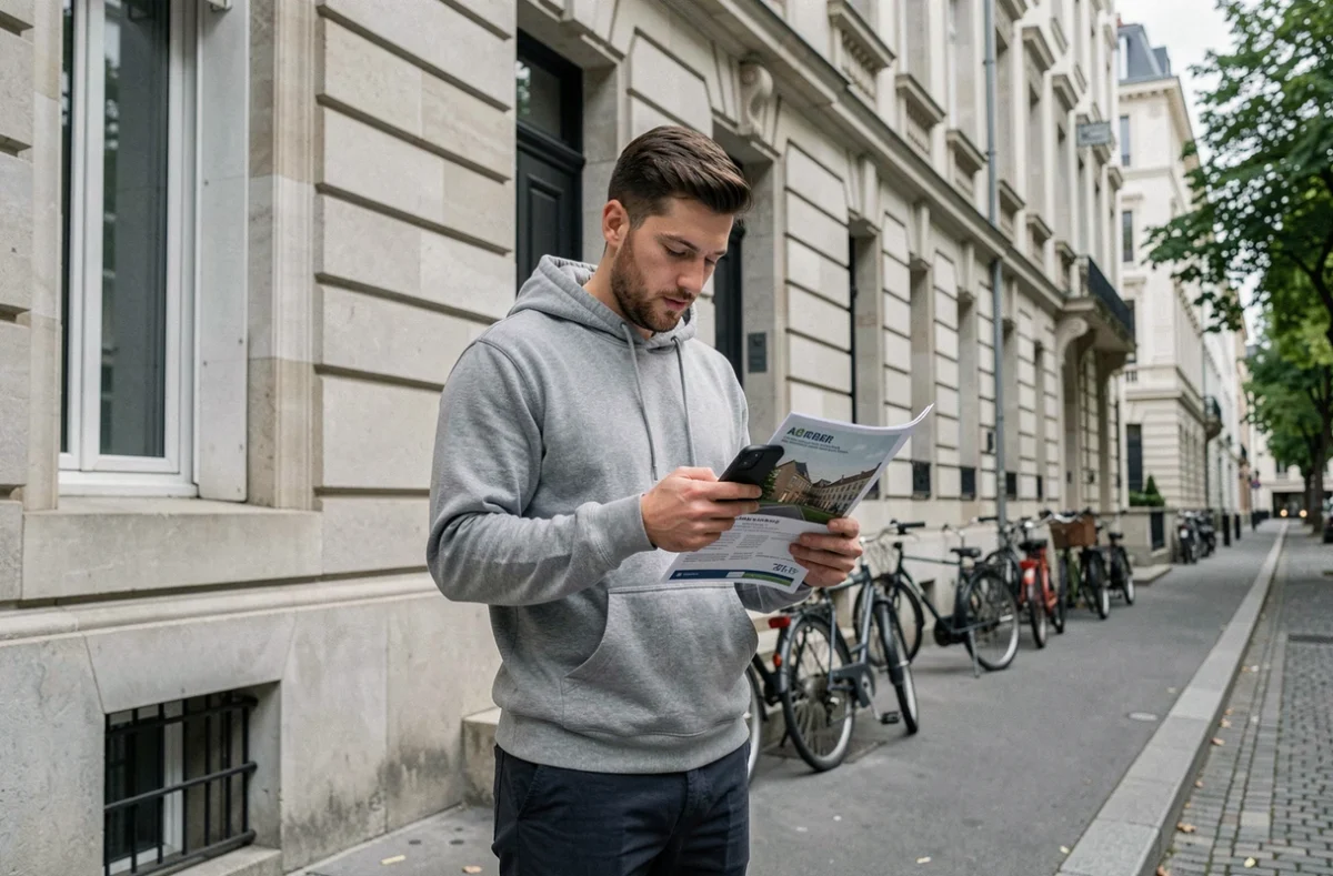 Homme devant un immeuble résidentiel évaluant son premier achat immobilier avec un taux CASDEN