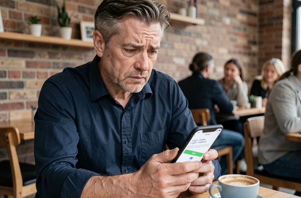 Homme perplexe consultant son smartphone face à un problème de connexion à son compte sur une application mobile