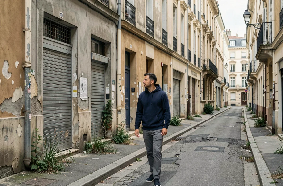 Homme inspectant les façades d'un quartier défavorisé à Nîmes pour évaluer son environnement locatif