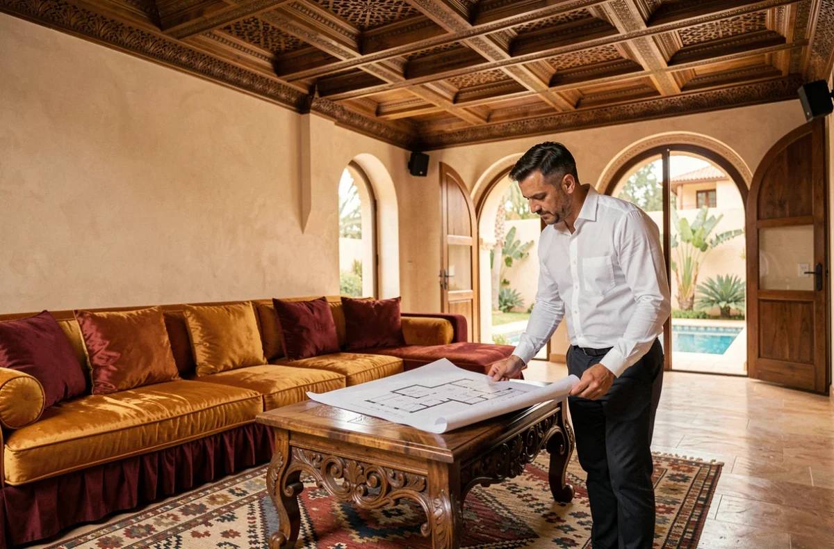 Intérieur luxueux d'une villa à vendre à Targa Marrakech, salon marocain avec plafond en cèdre sculpté, banquettes en soie et tapis berbère
