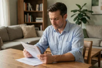Locataire examinant attentivement un contrat de location meublée à une table en bois dans un appartement moderne
