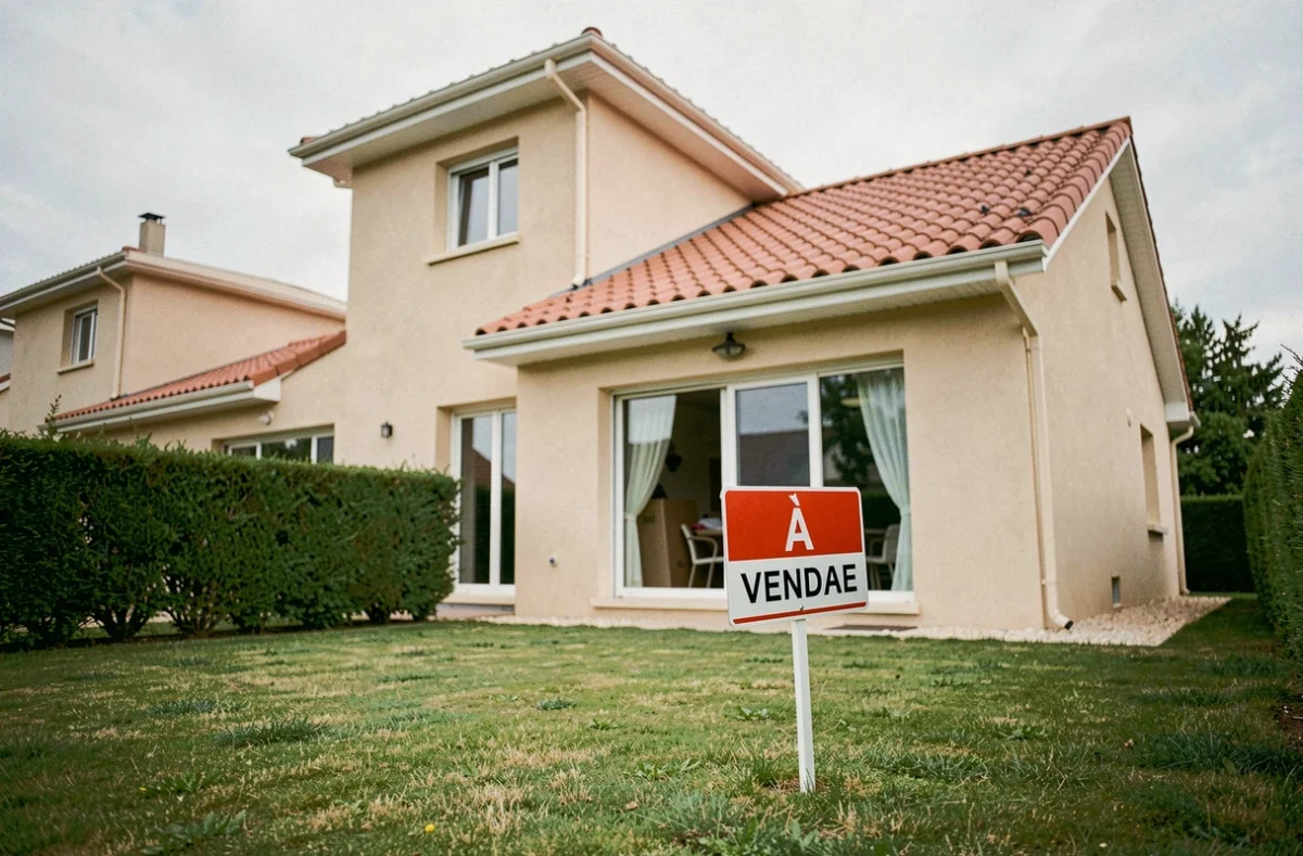 Maison à vendre avec panneau immobilier sur la pelouse lors d'une vente rapide pour cause de divorce