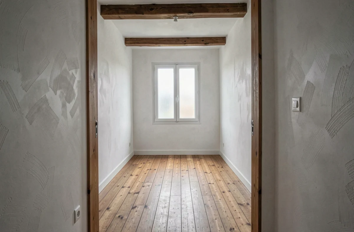 Petite chambre vide de moins de 9 m² dans un appartement rénové illustrant la surface minimum légale